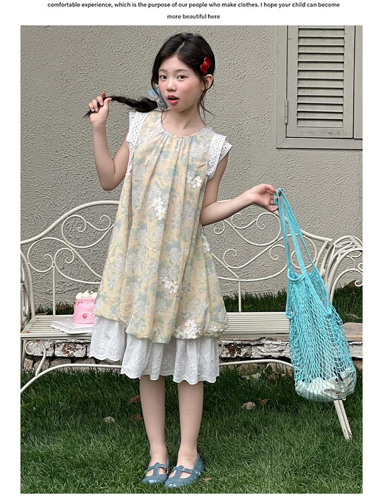 Girls' 2026 new sweet and cute sleeveless floral dress, summer lace patchwork mesh skirt, stylish long skirt