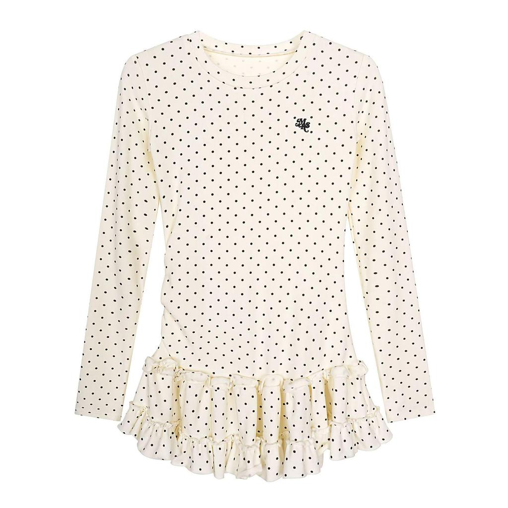 Korean Sweet Polka Dot Patchwork Skirt Hem Long Sleeve Women's Autumn/Winter Slimming Base Top