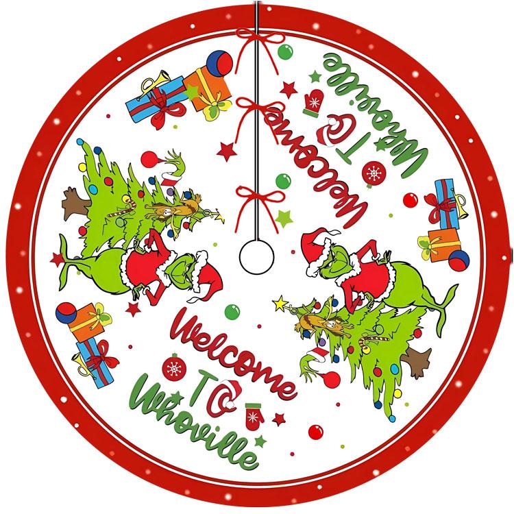 

Plush Christmas Tree Skirt Welcome to Whoville Design Holiday Floor Mat Decorative Tree Carpet for Seasonal Home Decoration