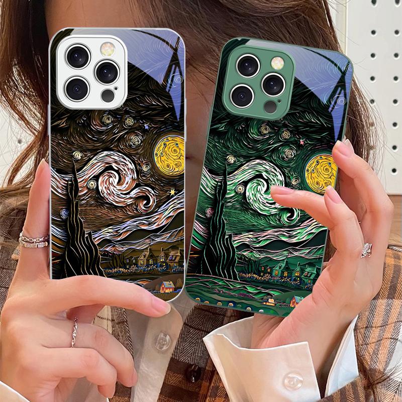 Oil Painting Starry Sky For iPhone 16 E 15 14 13 Plus 12 Mini 11 Pro Max XR Xs Max X 7 8 6 6S 2022 Tempered Glass Phone Case
