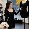 Hepburn Style Sexy Long-sleeved Dress for Women, Early Spring New Design Sense, Foreign Style, Waist and Thin, Small Black Dress for Women