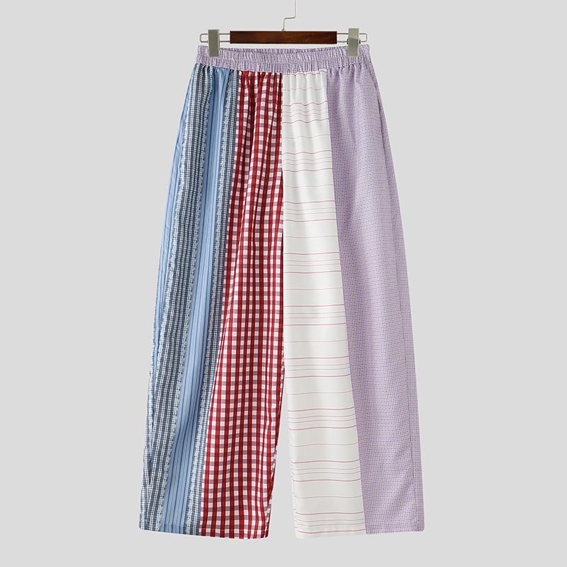 INCERUN Men's Patchwork Wide Leg Trousers Casual Loose Striped Plaid Pants Harajuku Streetwear Elastic Waist Bottoms