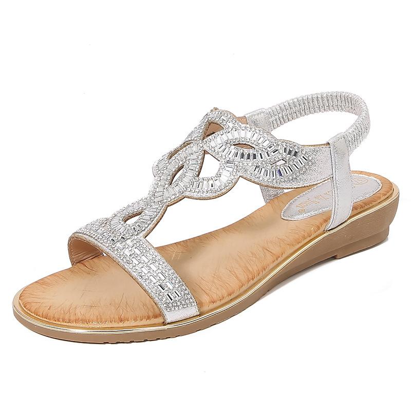 New Bohemian Ethnic Style Rhinestone Sandals Flat Open-Toe Versatile Beach Shoes Plus Size