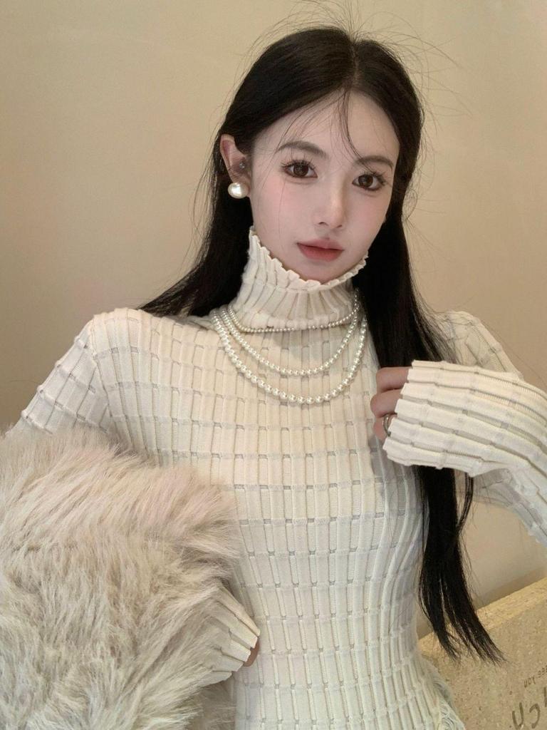 Women's Slim Fit High Neck Knitted Fringe Sweater - Winter Fashion Long Sleeve Pullover