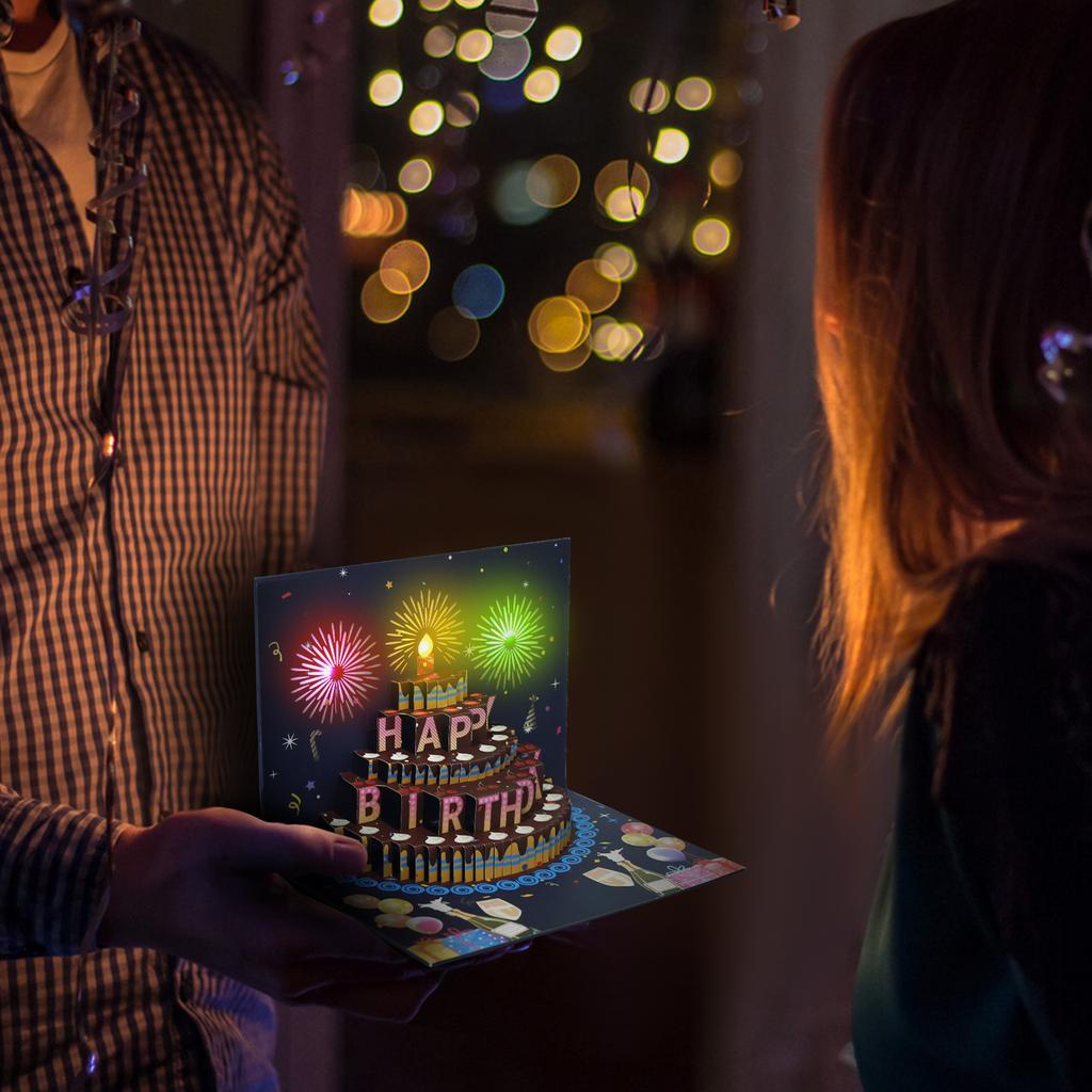 Feuerwerk Geburtstage Grußkarten Schöne Grußkarten mit Lichtern und Kuchen Musikalische Pop-Up Feuerwerkskarten Geburtstagsgeschenk