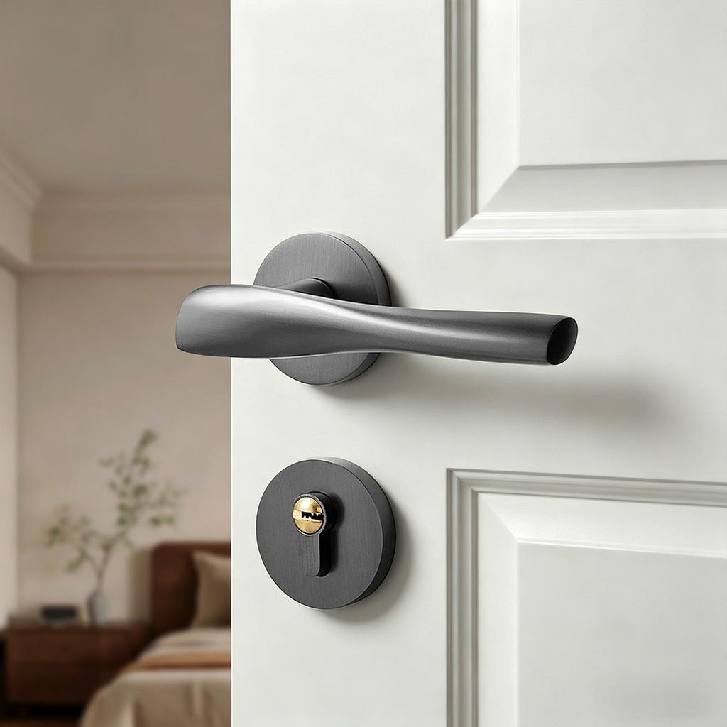 Modern Minimalist Wooden Door Handle and Lock Set for Household Indoor, Bedroom, Bathroom and Courtyard Wooden Doors