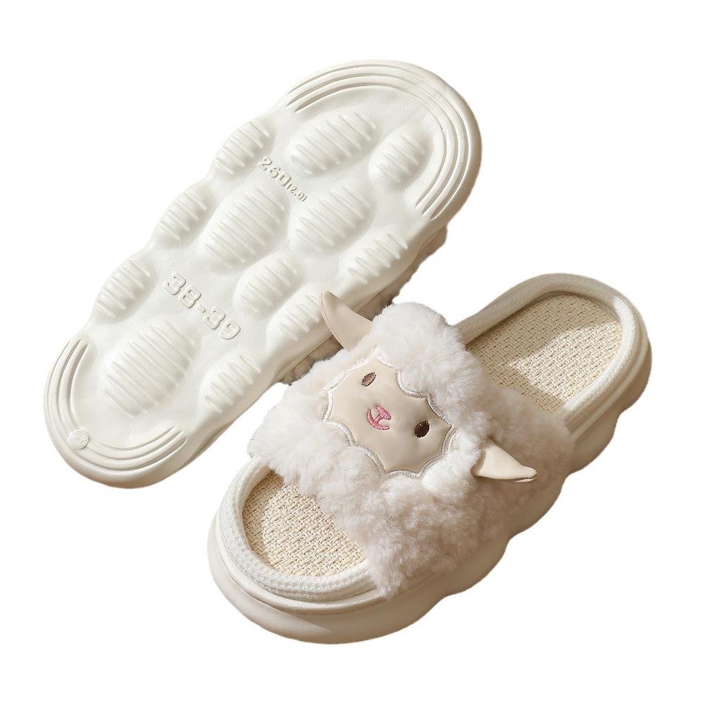 New Four Seasons Sheep Linen Slippers Cute Non-slip Sweat-absorbing Indoor Household Breathable Cotton and Linen Slippers Couple