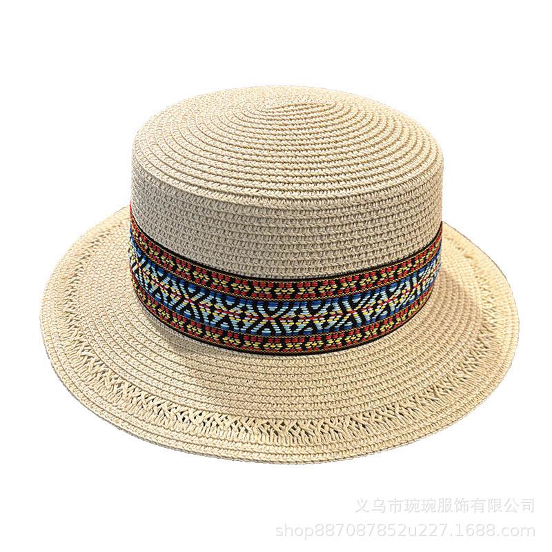 Ethnic style straw hat women's summer fashion retro travel beach seaside vacation style straw woven Panama flat hat