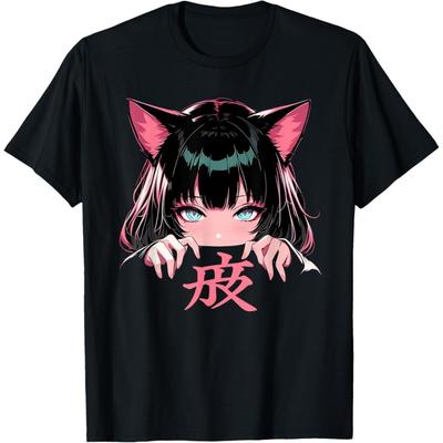 QRXYTVEIMN Anime Waifu Cute Anime Manga Cat Girl Sweet Retro Japan T-Shirt