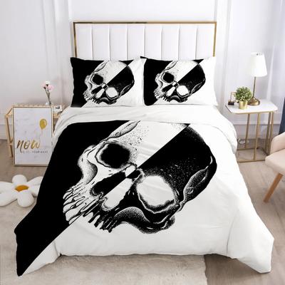 Juegos de Fundas Nórdicas Góticas Estampado Calavera de Halloween Juego de Edredón King Negro Blanco Decorativo Juego de Cama de 3 Piezas Con Fundas de Almohada