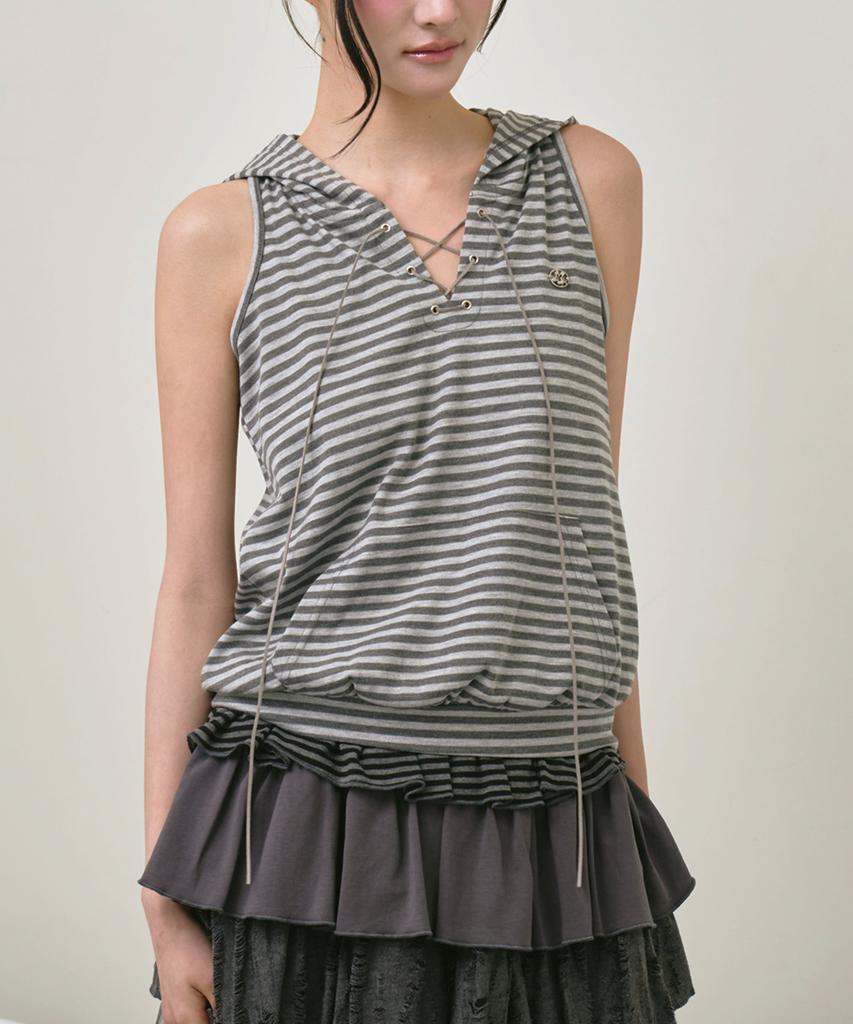 THE GREEN LAB Striped Glam Hooded Sleeveless Top [Light Gray]
