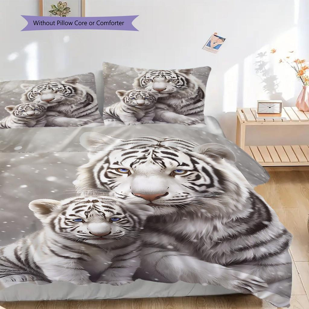White Tiger Pattern Bedding Quilt Set Quilt Cover Pillowcase Home Decoration Birthday Gift (1 * Duvet Cover + 2 * Pillowcase, Without Core)