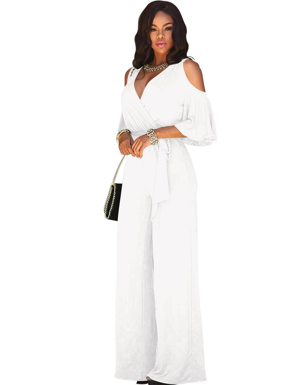 

Fashion Women s V-Neck Hollow Short Sleeves Casual Long Pants Wide Leg Pants Jumpsuits M