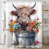 Highland Cow Shower Curtain Farm Animals Cattle Portrait Watercolor Flowers Plant Bathroom Decor Fabric Bath Curtains with Hooks