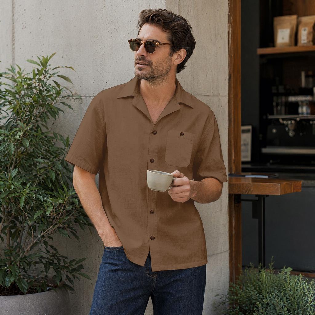 Men's Casual Short Sleeve Shirt Cotton Linen Blend Button Down Collar Lightweight Summer Top Beachwear