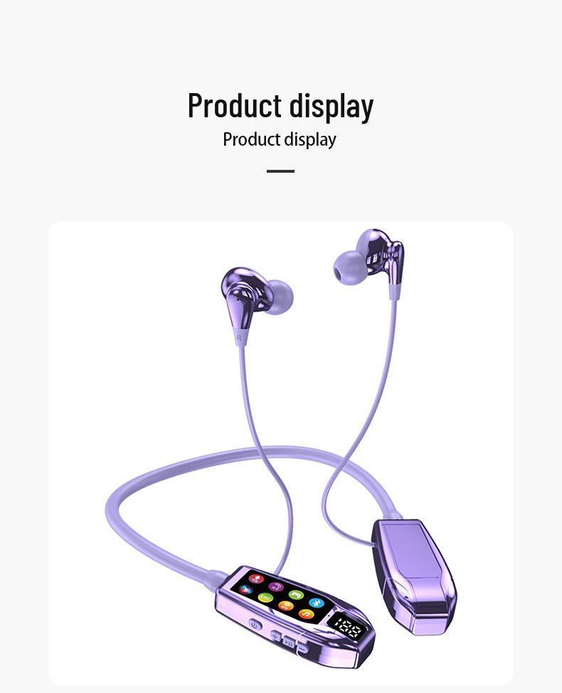 Trendy Neck-Hanging Bluetooth Headphones with High-Quality Sound, Digital Display, Karaoke Feature, and Long Battery Life.