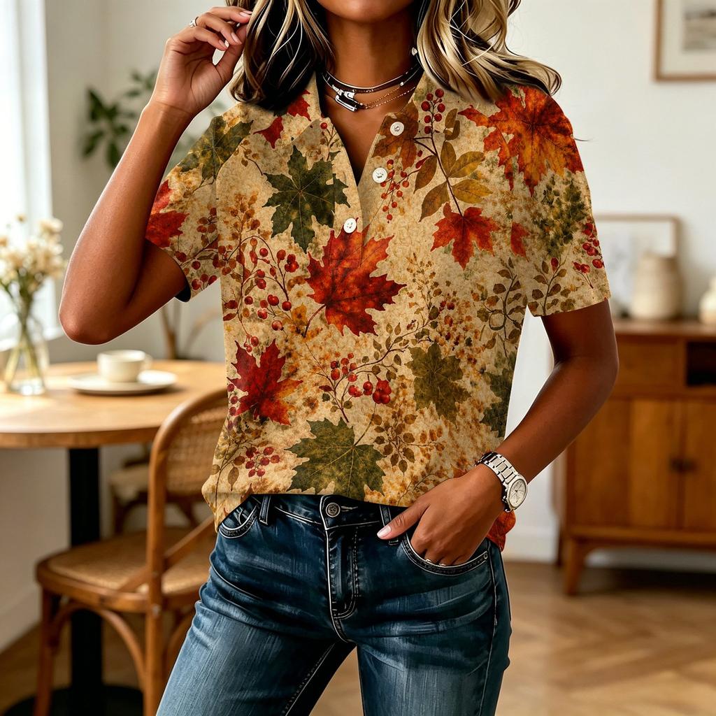 Women's Fashion Casual Printed Top with Patchwork Sleeves