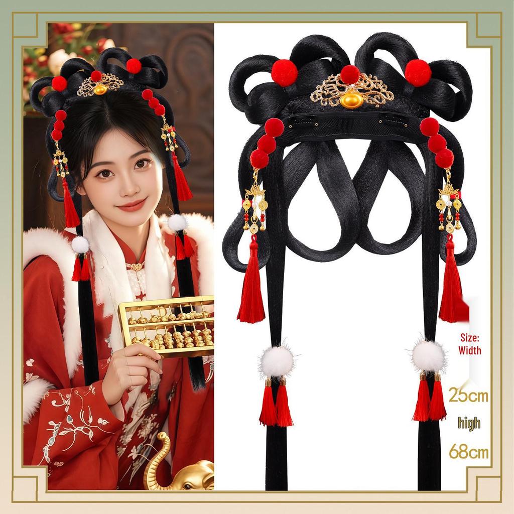 Ancient Hanfu Wig Accessory Set: Sweet Hair Bun with Tassel Flower Headdress for Women