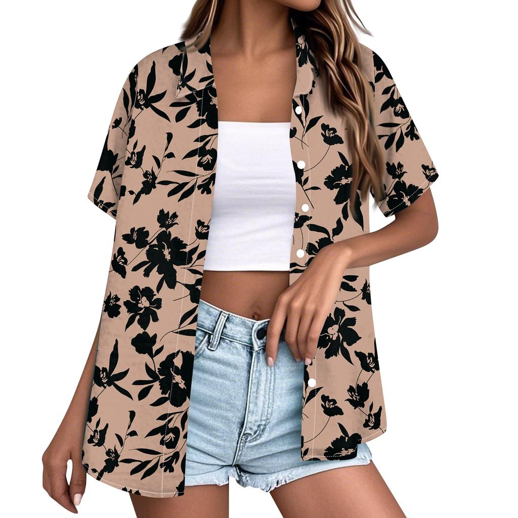 Women Casual Short Sleeve Button Down Shirt Hawaiian Print Collar Summer Beach Top Lightweight Loose Fit Blouse for Daily Wear