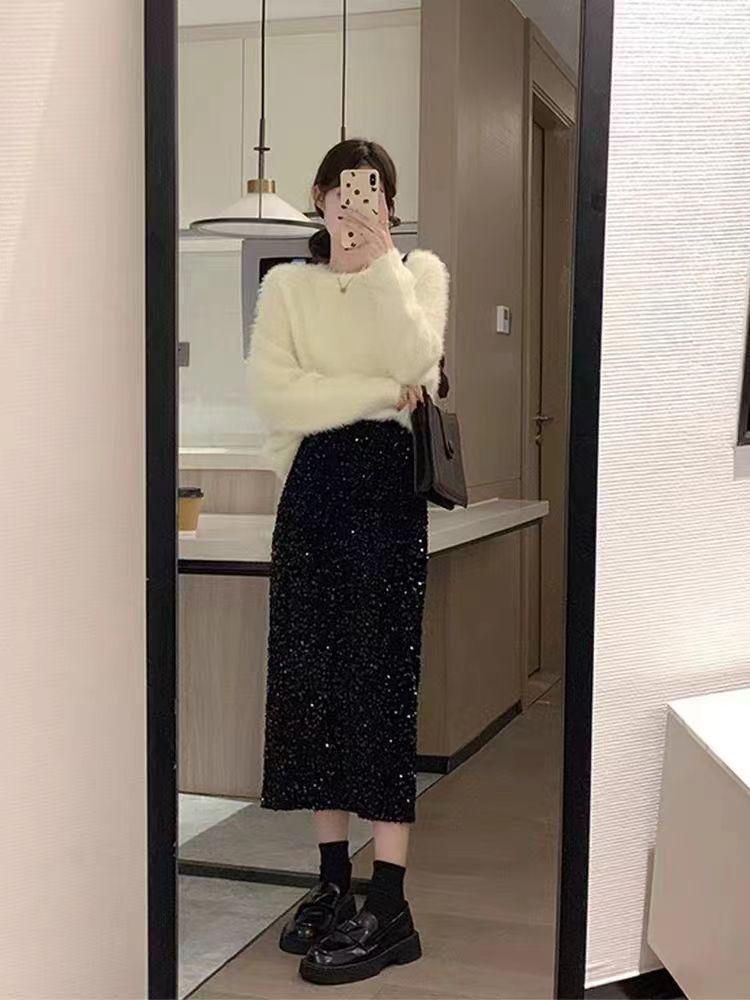 Hoher schwarzer Samt-Pailletten-Rock mit Schlitz für Damen - Beliebter langer Rock für Frühling, Herbst, Winter