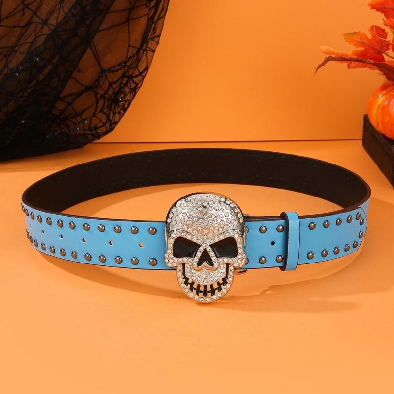 Rhinestones Skull Buckle Belt for Women Men with Rivet Studded Hiphop Belt for Jeans Popular Rockers Waist Accessories