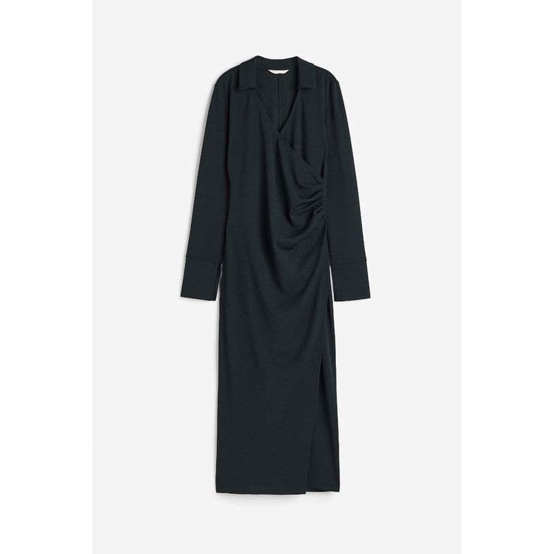 

HM Women s Clothing Dress Autumn Texture Collar Soft Pendant Silm Midi Dress 1199017 Dark green 155/80