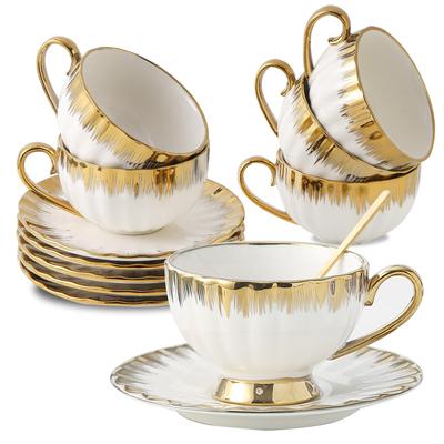 Cappuccino Cups with Saucers Scoop,200ml Porcelain Espresso Cups Set,Ceramic Turkish Coffee Cups,Tea Milk Mug Latte,Mocha,White