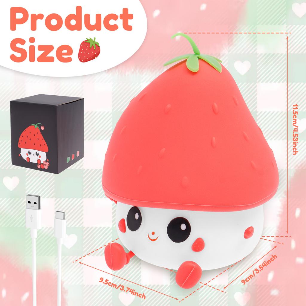 1Pc Cute Strawberry Night Light Silicone Rechargeable Nightlight Dimmable LED Strawberry Bedside Table Lamp for Bedroom Kid Room