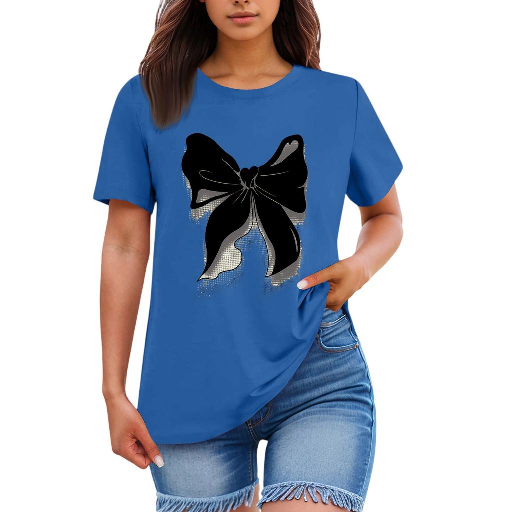 Ladies' Loose Comfortable Casual Fashionable  Bow Pattern Printed Round Neck Short Sleeved Shirt