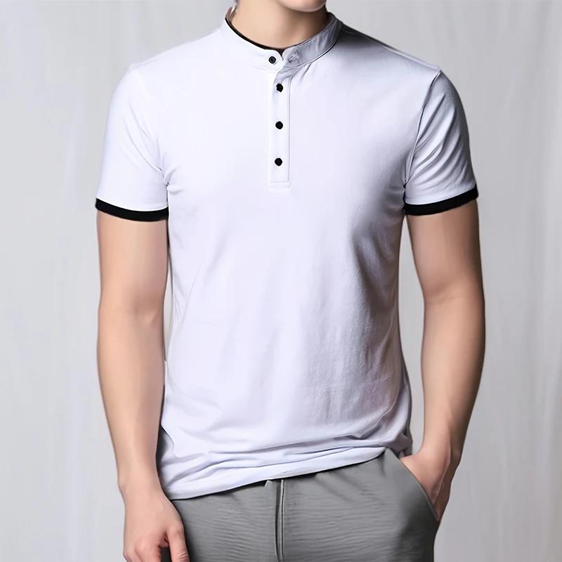 2026 Men's Casual and Fashionable Solid Color Short Sleeved Stand Up Collar T-shirt Summer Versatile and Comfortable Top