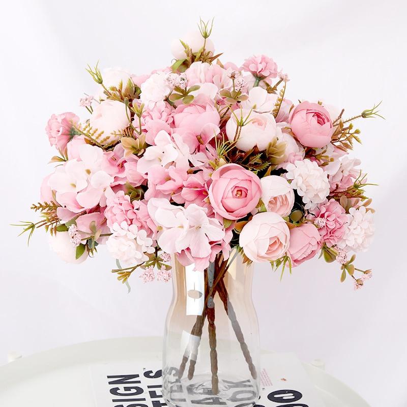 7 Head Rose Artificial Flowers 32cm Hydrangea Hybrid Bouquet Silk Fake Flower for Home Garden Wedding Decor, 1pc