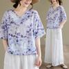 Summer Printed Short-sleeved T-shirt V-neck Cotton and Linen Loose Large-size Women's Top T-shirt Cotton and Linen Shirt