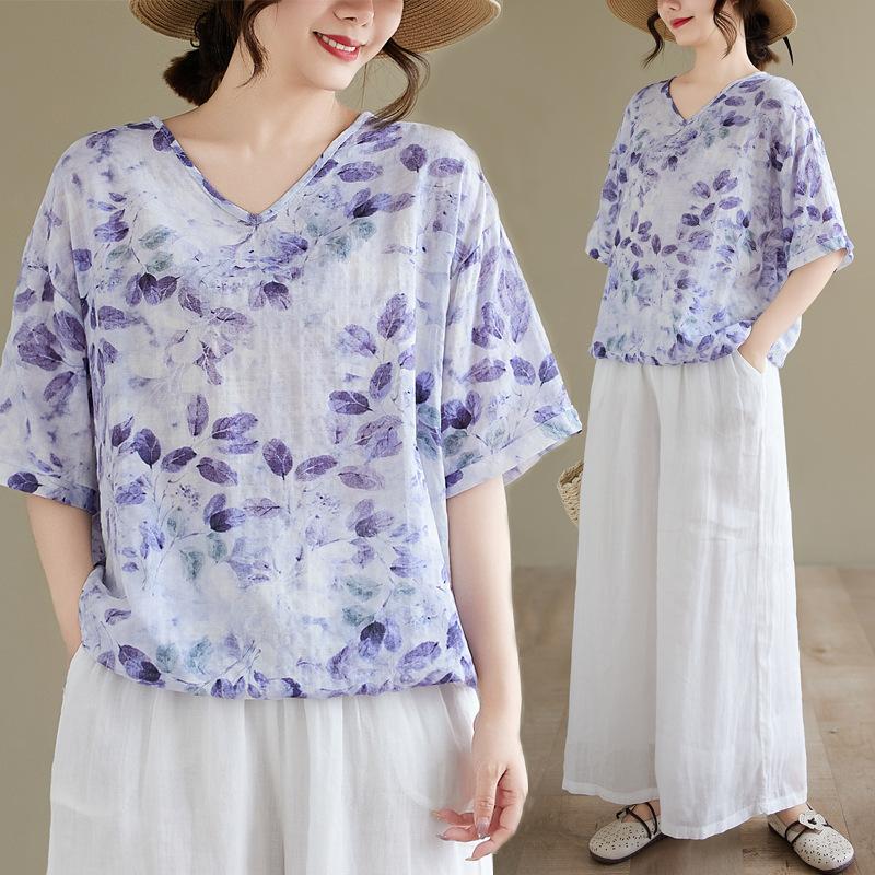 Summer Printed Short-sleeved T-shirt V-neck Cotton and Linen Loose Large-size Women's Top T-shirt Cotton and Linen Shirt