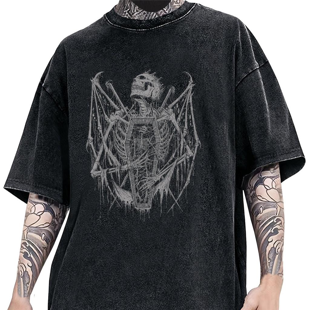 Letter Print Vintage Distressed Comfy Cotton T-shirt, Men's Casual Street Style Stretch Round Neck Tee Shirt for Summer
