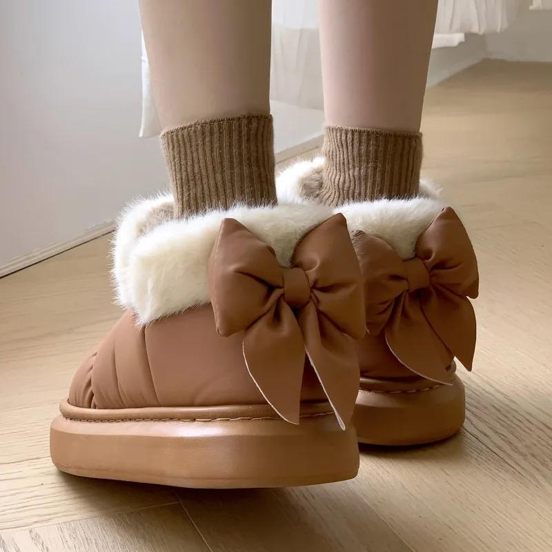Cute Warm Fluffy Slippers Winter Women's Indoor Soft Plush Bow Cotton Shoes 2024 New  Down Cloth Short Barrel Girls Snow Boots