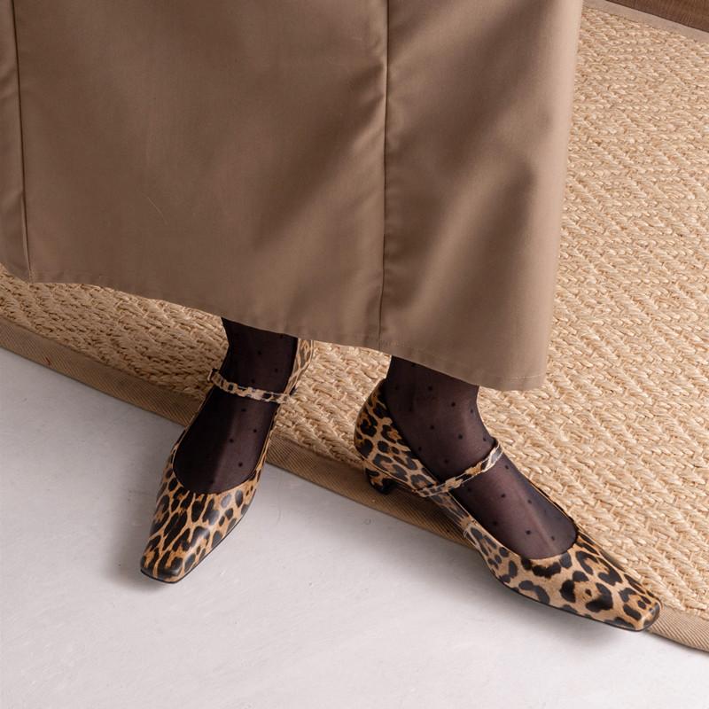 Fashion 2024 New Spring Women Pumps Leopard Print Square Toe Genuine Leather Women Shoes Mary Janes Black Kid Suede Ladies Shoes
