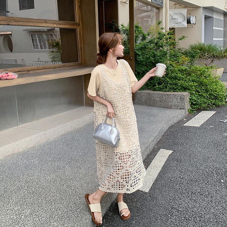 Lace Hollow Blouse Vest Skirt Casual and Thin T-shirt Skirt Women's Summer New Two-piece Dress