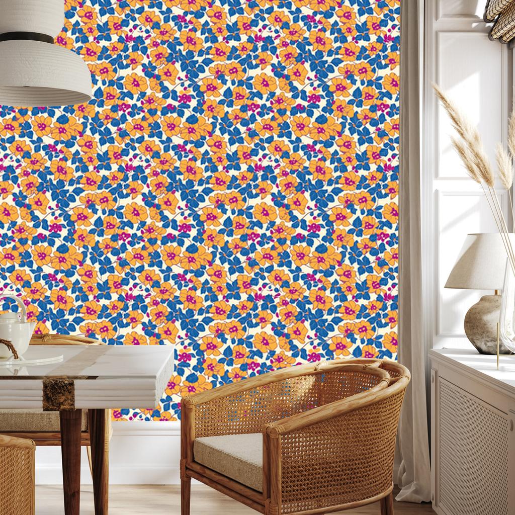 Blue and gold flowers wallpaper for living room and bedroom 50x1000