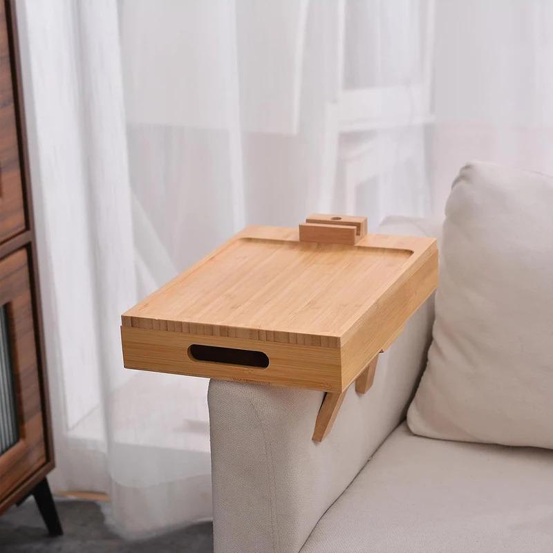 Bamboo Couch Tray, Multi-Function Folding Sofa Armrest Tray With 360°Rotating Phone&Pad Bracket, Tv Tray For Eating And Beverage