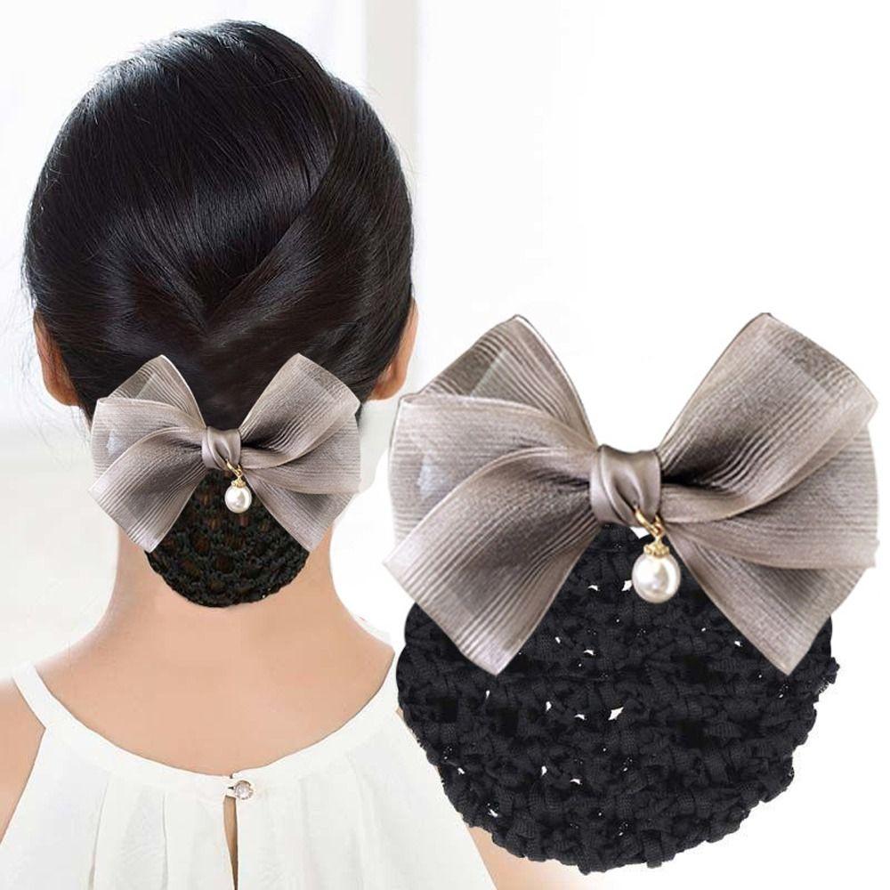 Pearl Pendant Bowknot Bun Snood Hotel Attendant Hair Clip Bowknot Hairgrips Net Cover  Daily