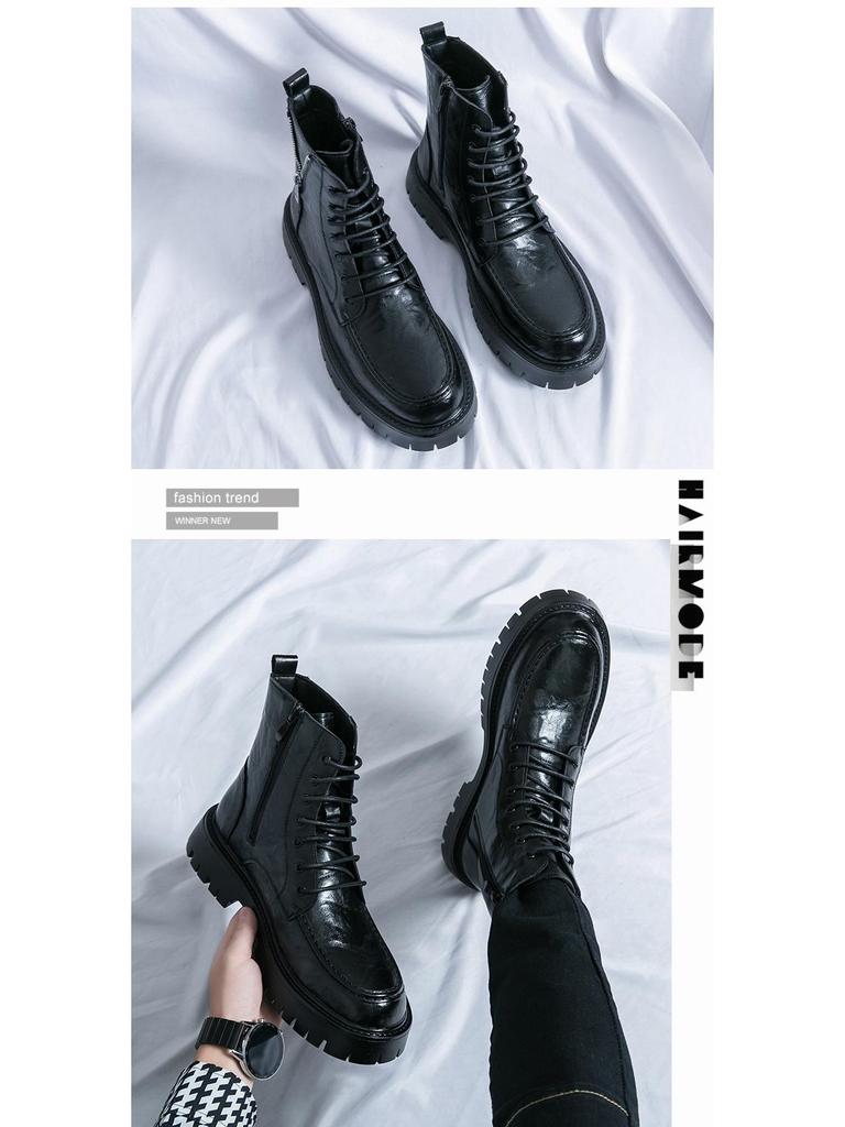 New Men's High-Top Leather Martin Boots - Autumn/Winter European & American Fashion, Lace-Up Motorcycle Ankle Boots.