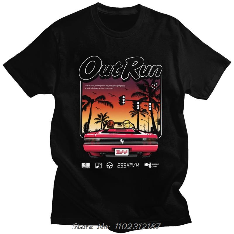 

90s Vintage Out Run Top T Shirt Camisas Men Fashion Old School Japan Arcade Tops Hombre Video Game Outrun Tee Top Camisas 4XL