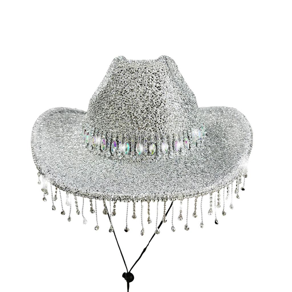 Bling Cowgirl Hat Rhinestone Tassels Western Panama Jazz Caps for Wedding Rave Party Travel Accessorie Women Wide Brim Hats