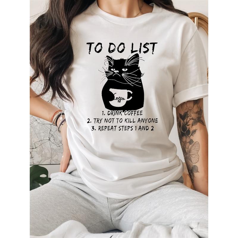 Damen Niedliches Katze & Buchstaben Print T-Shirt Rundhals Kurzarm Lässig Frühling Sommer Oberteil