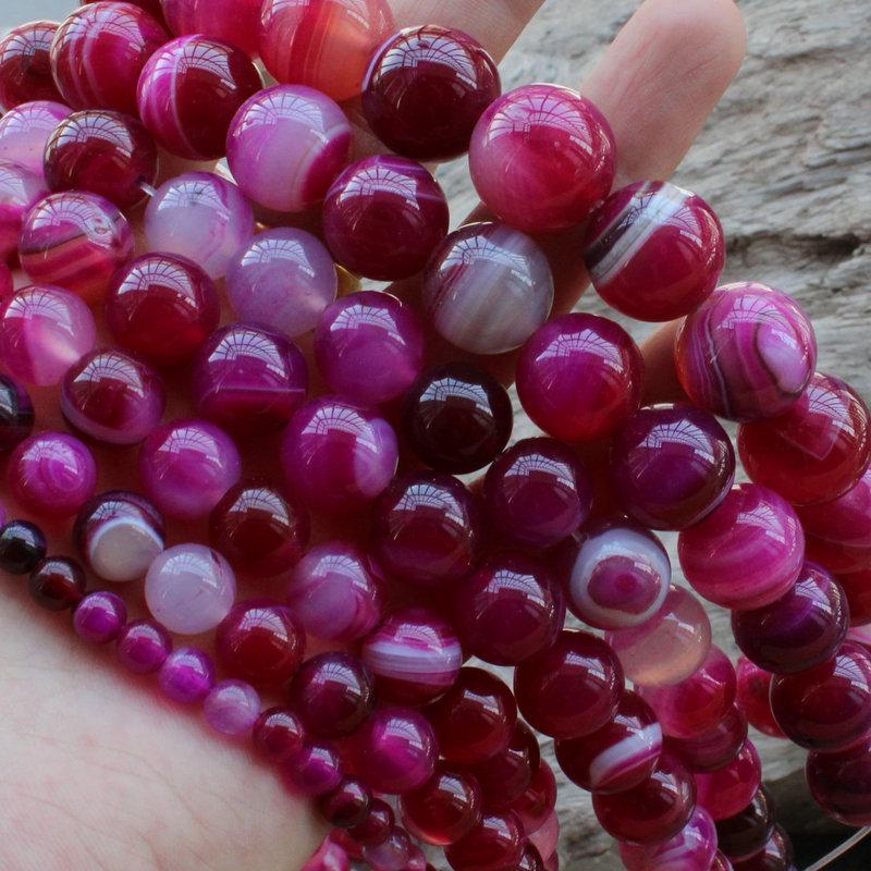 Hot Pink Striped Agate Beads for DIY Jewelry Making, Sizes 4-18mm