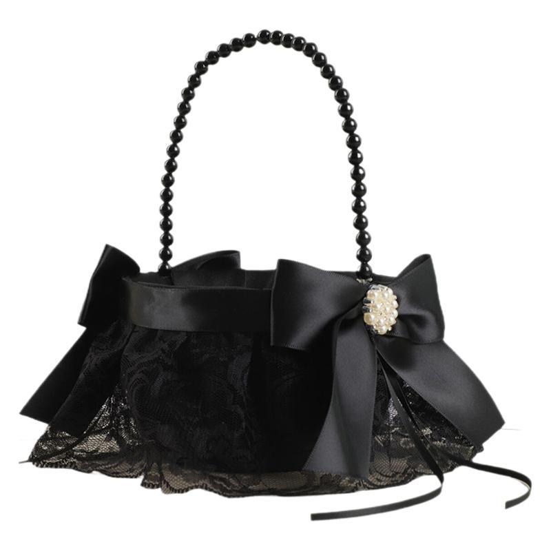 Flower Girl Basket Black White, Pearl Handle Wedding Toss Confetti Holder, Handheld Floral Container for Ceremony
