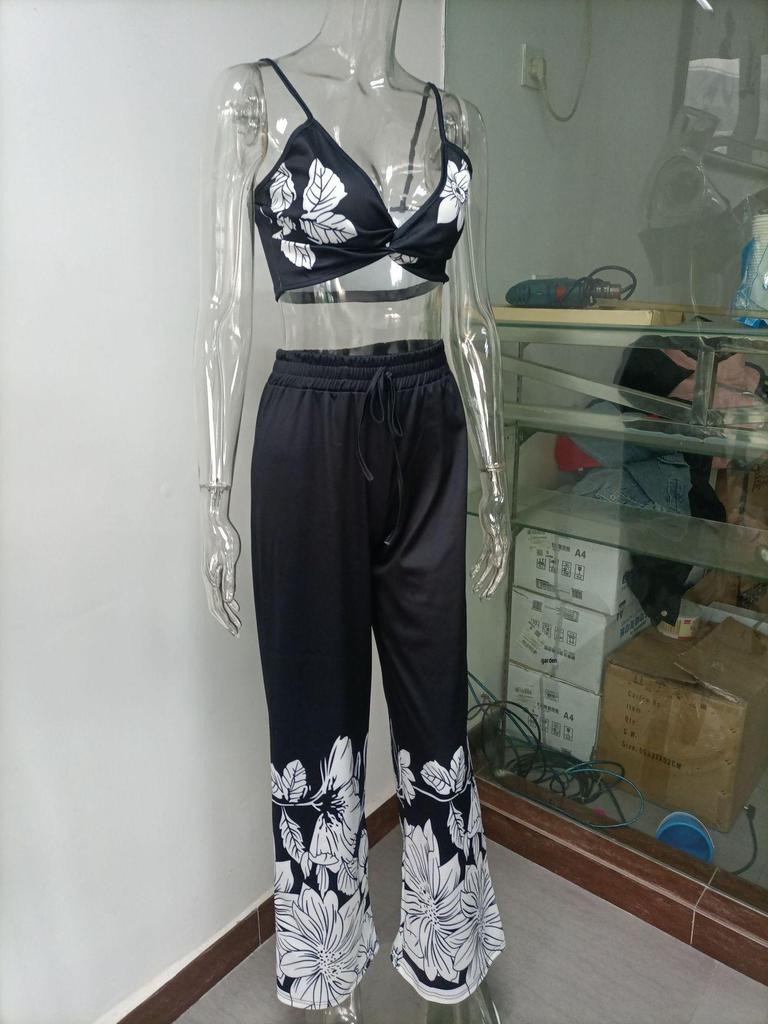 2025 Sommer Damen Europäischer & Amerikanischer Print Bandeau Weite Hosen Zweiteiliges Set