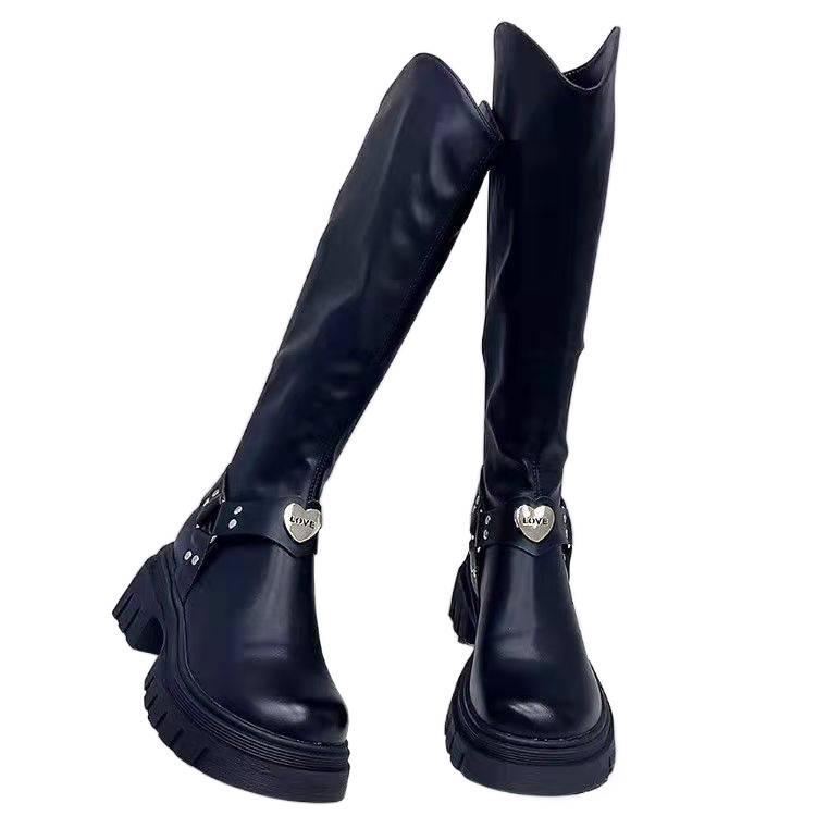 European Station Fleece-Lined Chunky Heel Cotton Knight Boots for Women – Autumn/Winter Korean British Style Slimming High Boots