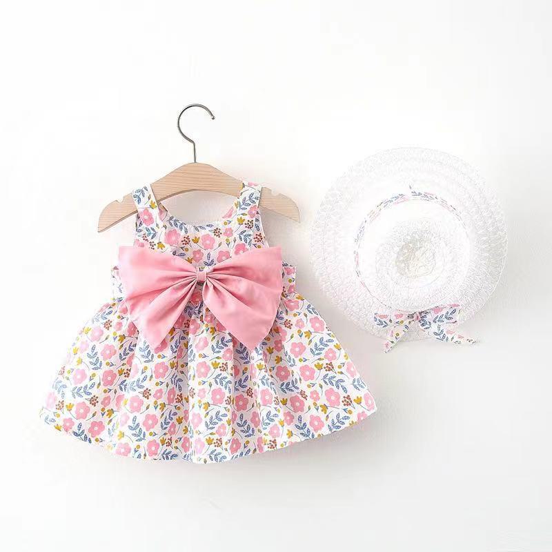 A749 Summer Baby Girl Princess Dress with Big Bow & Flower Skirt, Includes Hat, for Ages 1-4