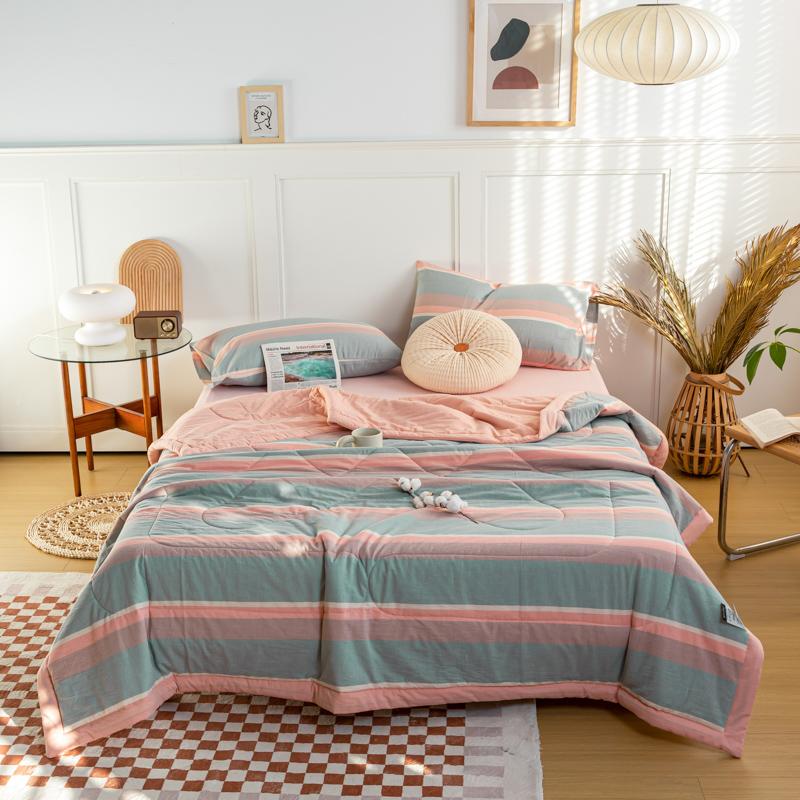 Simple Lines Summer Quilt Japanese Style Cotton Air Conditioning Quilt Luxury Soft Breathable Thin Blanket for Adults Kids
